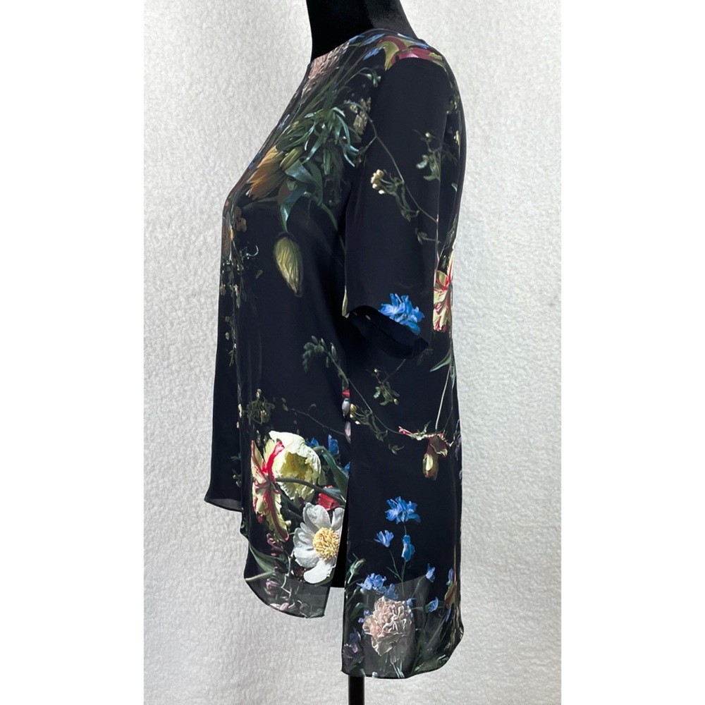 ADAM LIPPES • Black/Multi Floral Print Silk T-Shirt Blouse, 0 - Picture 3 of 13